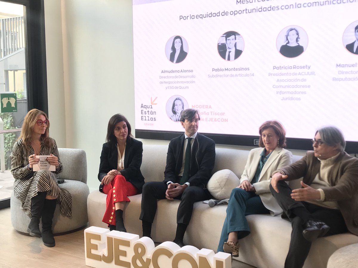 Como conductora del evento está <a href="/noemiboza/">noemi boza cano</a>, periodista y directora general de Más Cuota.  Participan <a href="/montesinospablo/">Pablo Montesinos</a>, de #Artículo14; <a href="/patriciarosety/">Patricia Rosety</a>, periodista y presidenta de ACIJUR; <a href="/AlmuAlonsoPR/">Almudena Alonso</a>,  de  Quum; y Manuel Sevillano,  de Reputación de Atrevia.