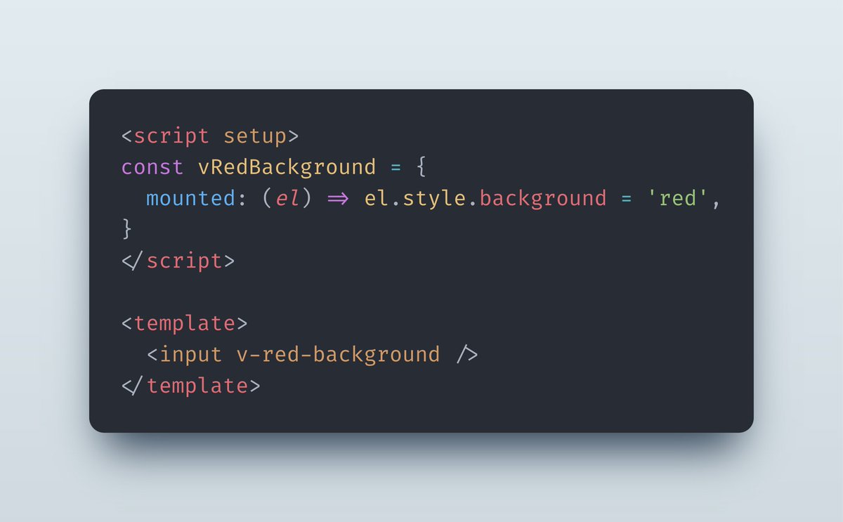 MichaelThiessen's tweet image. In the `script setup` of a @vuejs component you can define a custom directive just by giving it a camelCase name that starts with `v`: