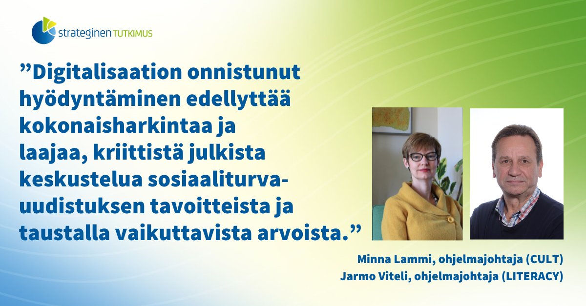 ”Sosiaaliturvan digitalisaatio vaatii ihmisoikeuksien huomioimista”, kirjoittavat ohjelmajohtajat Minna Lammi ja Jarmo Viteli. Tuore blogi kiteyttää nopeasti kehittyvän teknologian asettamia haasteita sekä uuden tietokoosteen viisi ydinviestiä 👉 aka.fi/strateginen-tu…