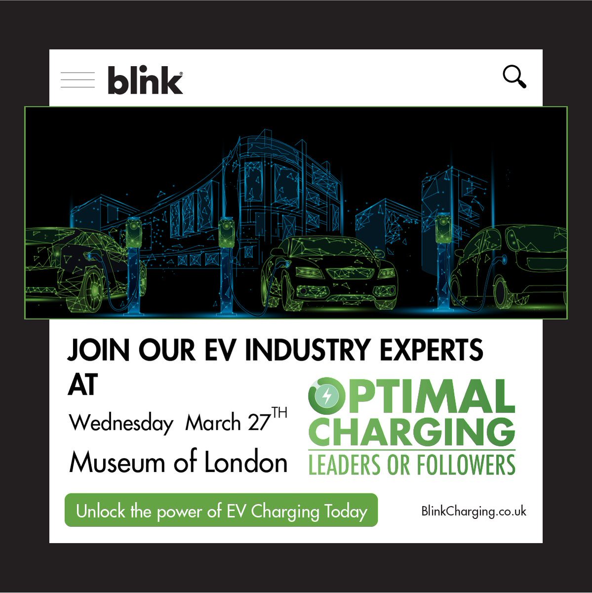 We are attending Optimal Charging: Leaders or Followers, speak with EV Industry experts on how to transition your estate to EV. Be part of the conversation and unlock the innovative technology available. #EVCharging #Blink #NHS