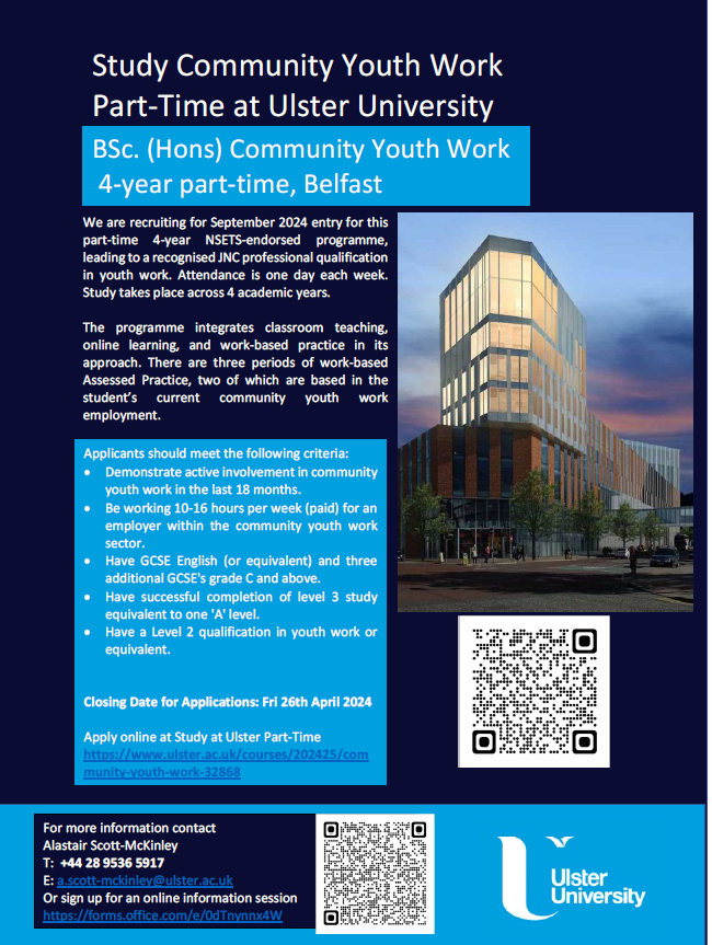 UlsterUniCYW's tweet photo. Would you like to study a Community Youth Work degree part-time at Ulster University? Study one day per week in our vibrant new Belfast campus. Sign up for an online information session or submit your application today. Closing date Fri 29th April 2024. https://t.co/VsrvCS9Iff