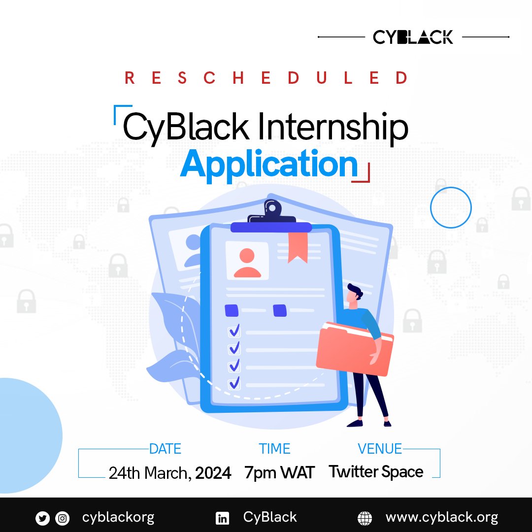 Cyblackorg's tweet image. Update: CyBlack May 2024 Internship pitch space RESCHEDULED.

New date: Sunday March 24, 2024.
Click on the link below to set a reminder.👇🏽

x.com/i/spaces/1mrGm…

Kindly repost and share with others.