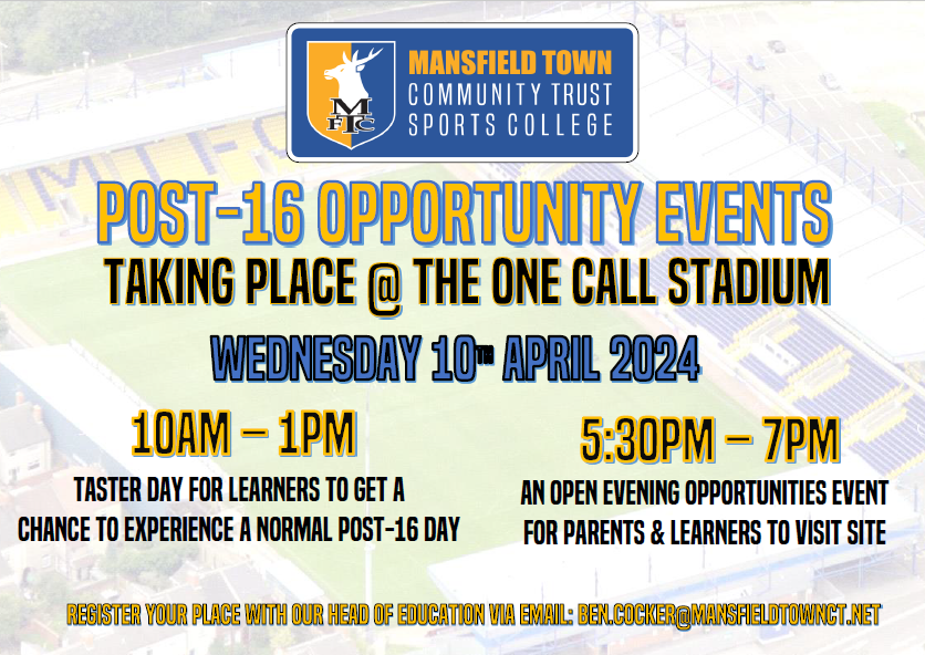 MTFC_CTSC's tweet photo. Info of our upcoming Opportunity Events running at @MTFC_CT during Easter H/T

WEDNESDAY 10th APRIL
10am - 1pm for Learner Taster Activity Sessions
5:30pm - 7pm for a Parent Presentation

Please register your place via email: ben.cocker@mansfieldtownct.net 

#post16 #mtfc #stags https://t.co/wOvavz2iP1