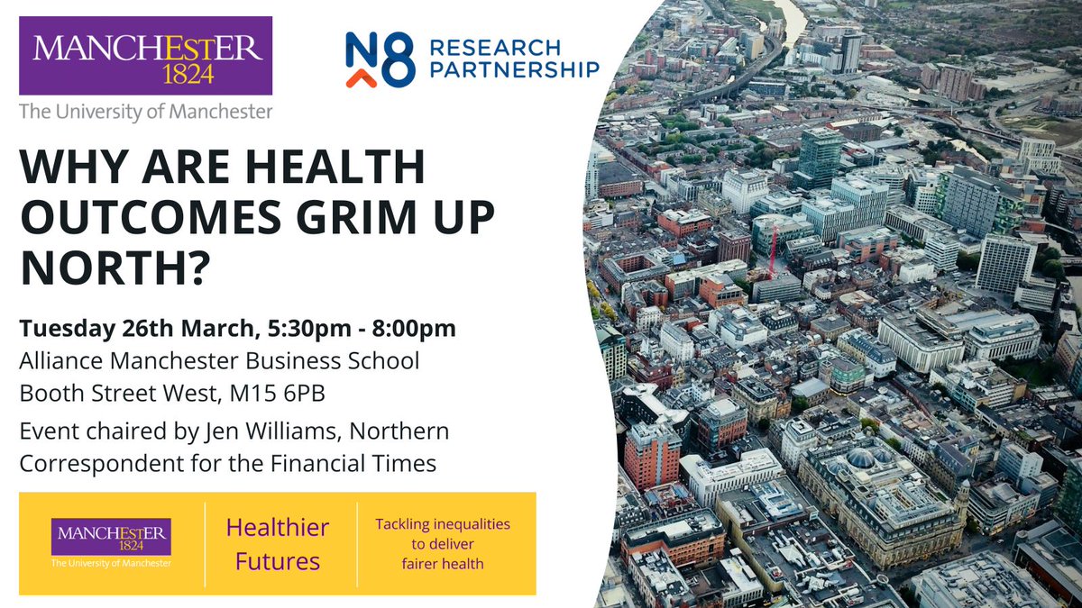 It's less than a week until our final #UPNorth event. Hosted by @OfficialUoM, join this panel discussion about the North's poor #health outcomes and how local action is helping to make a real difference. 📅 26 March, 5:30-8pm 📌 AMBS, M15 6PB Register: events.manchester.ac.uk/event/event:g2…