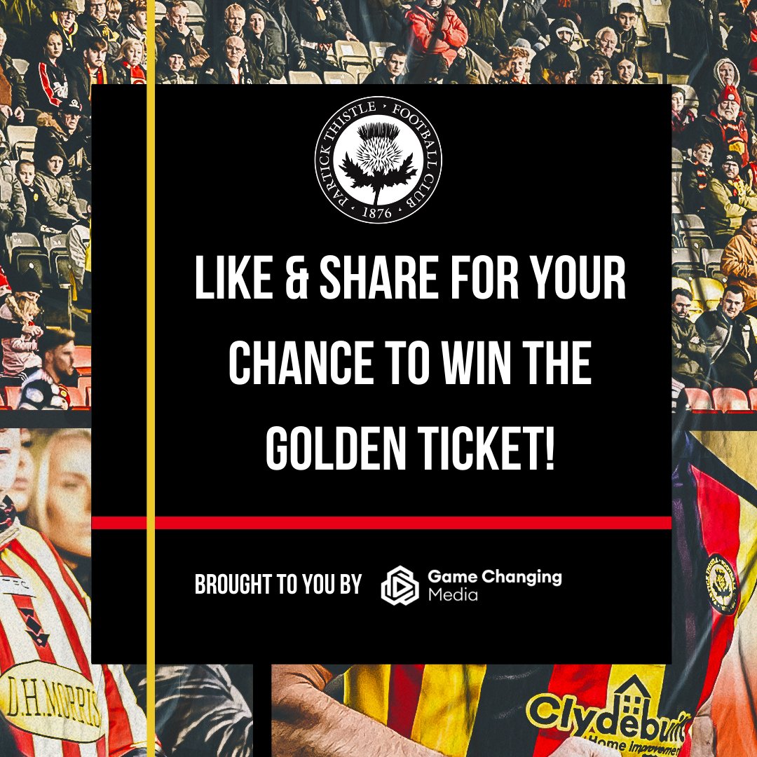 We’re offering one lucky person the chance to claim the Golden Ticket! The winner will be treated to a VIP hospitality experience here at the Wyre Stadium, Firhill on March 30th for themselves and a friend. Like and share this post to be entered into the draw. Good luck!