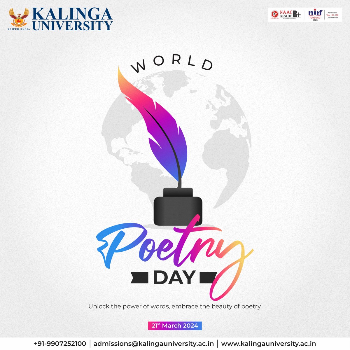 Embrace the rhythm of words and the magic of verse! Kalinga University wishes everyone a Happy Poetry Day! Let your creativity flow and your imagination soar as we celebrate the beauty of language and the power of poetry. #WorldPoetryDay #KalingaUniversity #WordsThatMatter