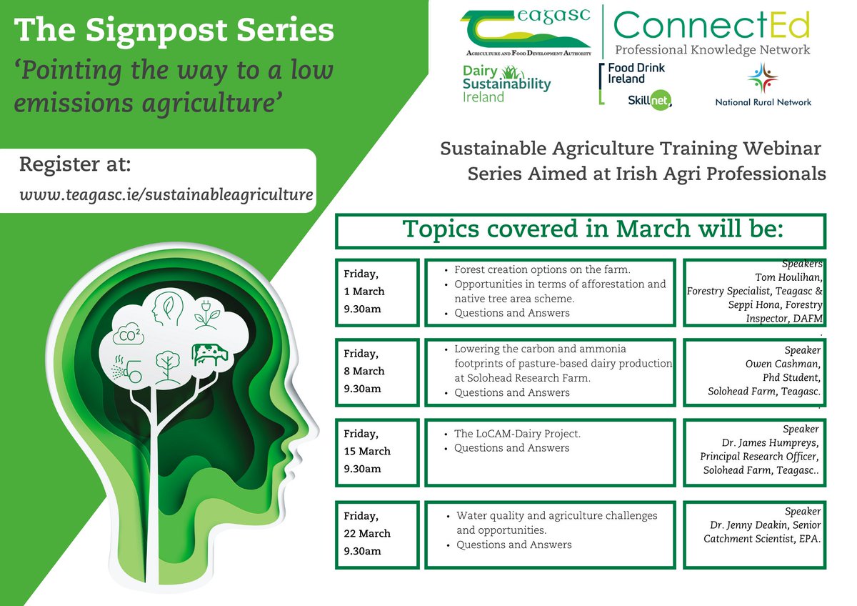 Don't miss tomorrow morning's #TheSignpostSeries at 9.30am. Dr. Jenny Deakin, Senior Catchment Scientist @EPAIreland will join us to discuss ‘Water quality and agriculture challenges and opportunities.’ Register on teagasc.ie/sustainableagr…