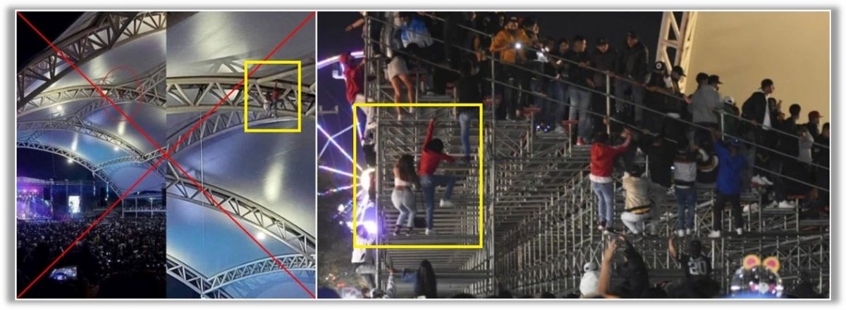 Taylor Swift fans dangling from a stadium roof? ❌🎤 

This picture falsely shared on Facebook (left) was actually edited from a photo of fans of Mexican rapper Santa Fe Klan trying to get into his sold-out concert in 2022 (right)

u.afp.com/SwiftiesRoof