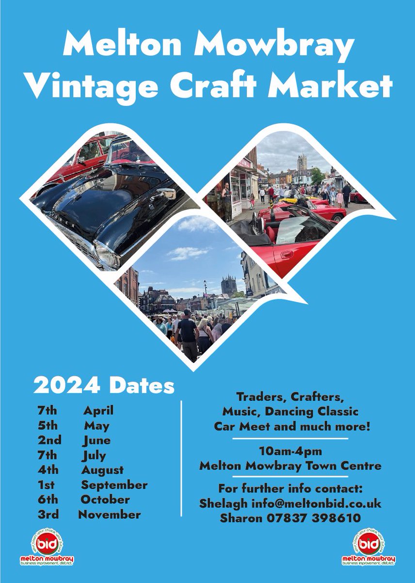 Dates for the diary, the monthly Vintage Craft Market & Classic Car Meet returns to the town centre next month! @meltontimes @MyMelton6 @nemmtweets @visit_leicester #meltonmowbray #melton #vintage #crafts #craftmarket #market #LocalProduce #localproducers #shoplocal #classiccars