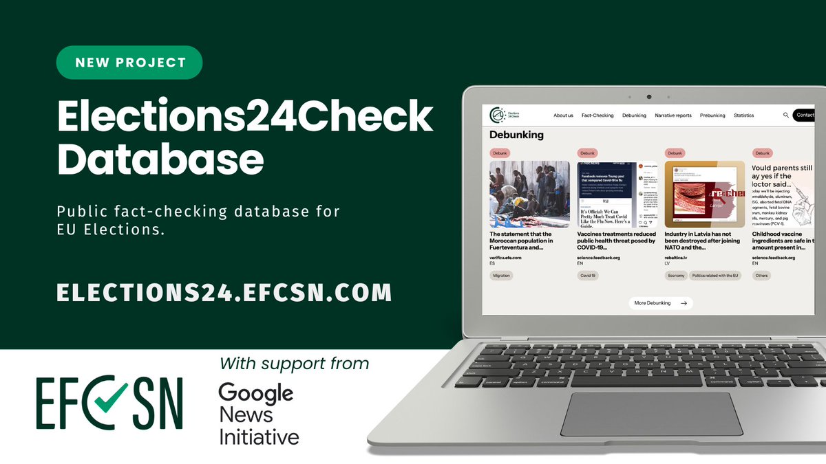 📢 Big News The EFCSN is excited to announce the #Elections24Check project, in collaboration with our members and @GoogleNewsInit 🤝 It's a first-of-its-kind database collecting election-related fact checks across Europe ahead of the June elections. 🇪🇺🗳️ elections24.efcsn.com