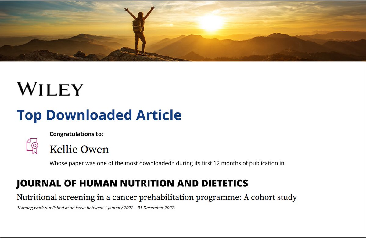 What a great achievement, congratulations too to the rest of the authors...@sorrelburden @ZoeMerchantOT @neilbibby87 @prehab4cancer to name but a few 👏👏#TopDownloadedArticle in @JHND_Official #Dietitians #Research @BDA_Dietitians @BDA_Oncology @NCAresearchNHS