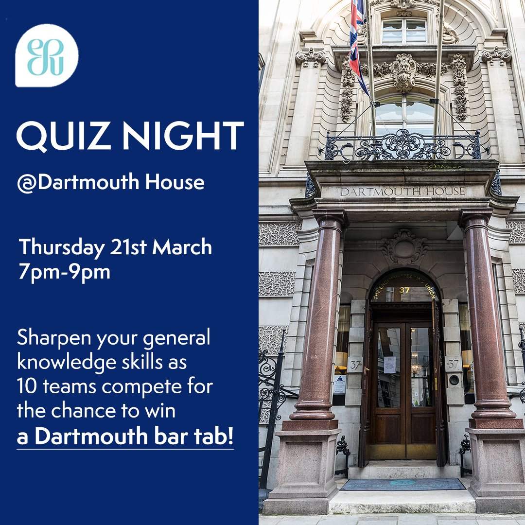 🌟 Prepare for an unforgettable evening of trivia at ESU's Quiz Night! 🧠🏆 Assemble your squad or go solo for a shot at scoring a £60 bar tab at #DartmouthHouse! Don't pass up on themed rounds and thrilling challenges. Grab your tickets today: e-su.org/Q61S7
