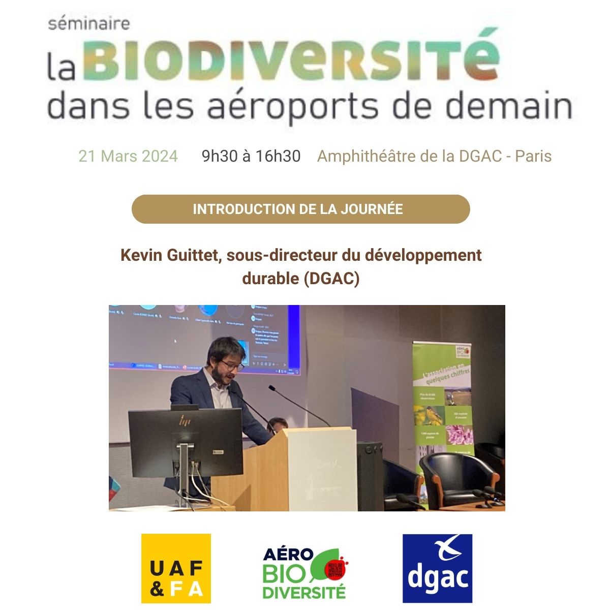 📢Lancement du séminaire sur 'La biodiversité dans les aéroports de demain' organisé par l'association Aéro Biodiversité, la @DGAC et L'@uaf_aeroports par Kevin Guittet, sous-directeur du développement durable (DGAC).