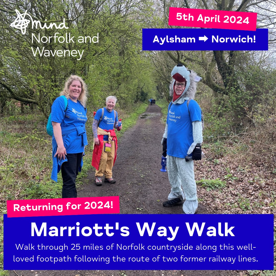 There’s still time to sign up to our Marriott’s Way Walk challenge! Walk through 25 miles of beautiful Norfolk countryside whilst helping to support Norfolk and Waveney Mind in delivering vital mental health services. Visit norfolkandwaveneymind.org.uk/marriotts-way-…