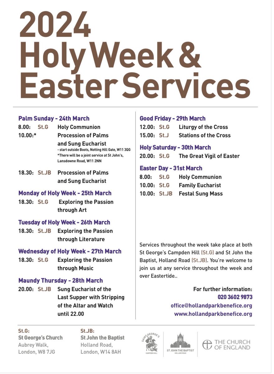 #allwelcome to join us for #HolyWeek and #easter2024 @StGeorgesW8 @StJohnsW14 @singlefriendlyc @inclusivechurch @dioceseoflondon @e_ineson @RevJamesBHeard @MusicStJohnsW14 @TobyCharlesWard #familyfriendly #dogfriendly @churchofengland