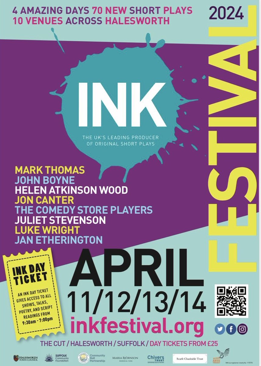 I’m delighted to be directing at this year's @INK_festival 11-14th April in Halesworth, Suffolk. A great four days of live performances of over 70 new short plays, comedy, poetry, talks, workshops and more! #inkfestival2024 #newwriting