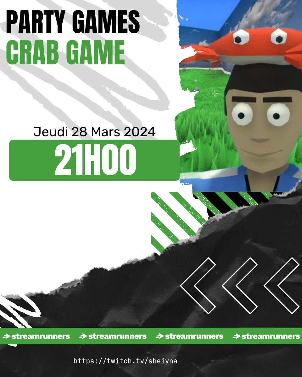 Prêt à briser des amitiés ?

Alors rejoins-nous sur Crab Game, Jeudi 28/03 à partir de 21H.

Mais attention, tous les coups sont permis, alors ne fais confiance à personne !

✨ Jeu gratuit sur Steam.
Twitch : twitch.tv/sheiyna

Event <a href="/StreamRunnersFR/">StreamRunners - Réseau social des streamers</a>