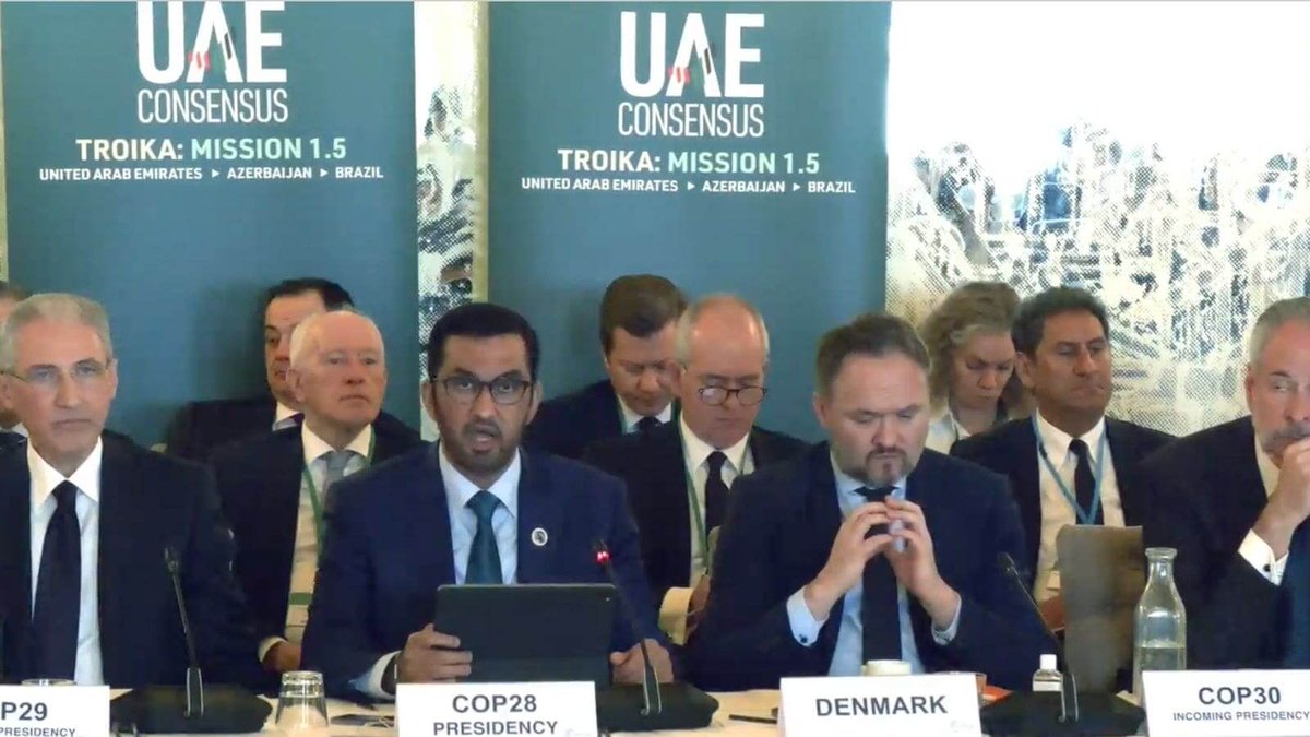 At the #CopenhagenClimateMinisterial, @COP28_UAE president, Sultan Ahmed Al-Jaber, emphasizes → Troika's mission: to drive successful implementation of the UAE consensus. The next round of #NDCs must align with 1.5C goals and must be submitted 9 months before #COP30 🧵