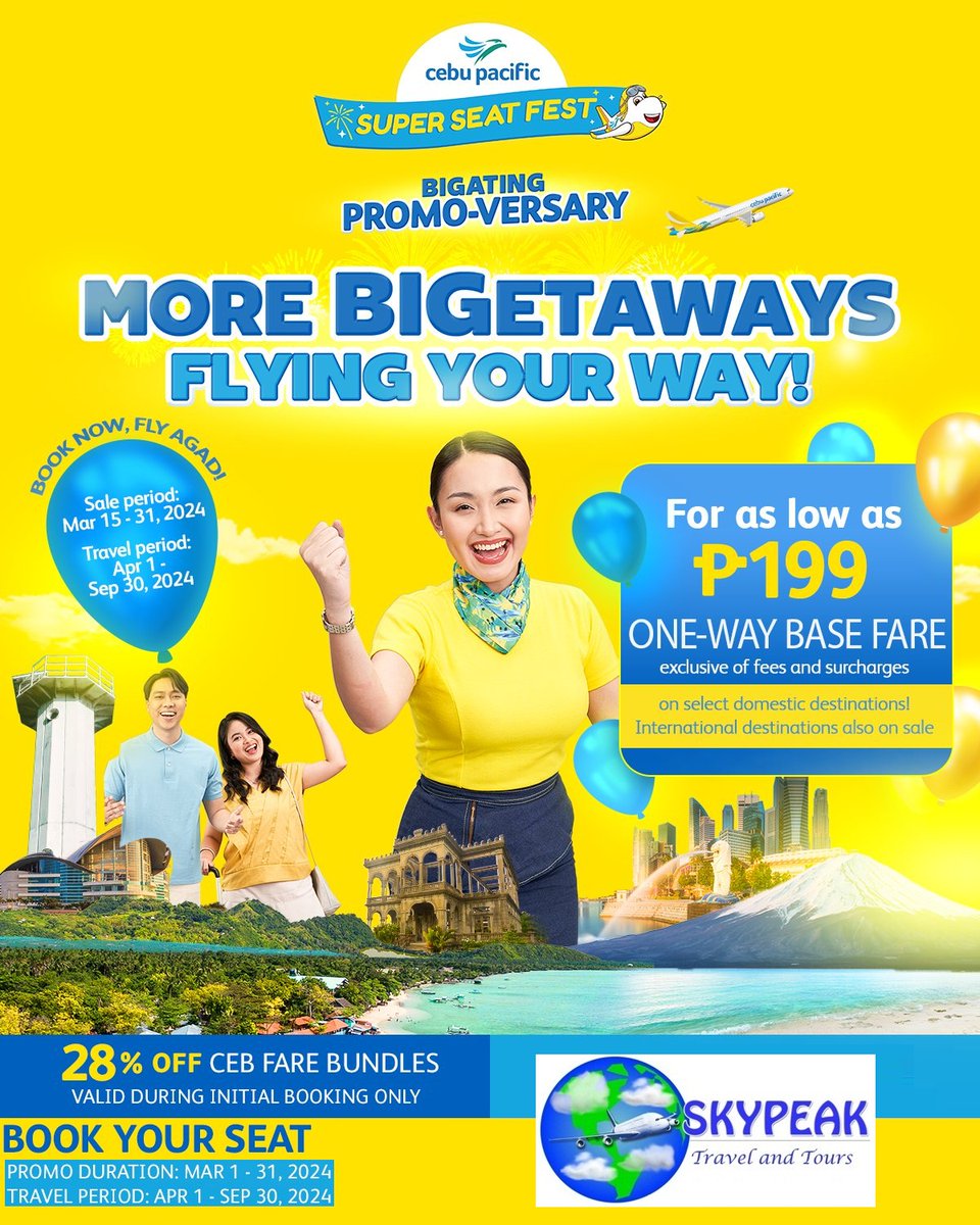 #CEBSuperSeatFest continues at marami pang bigating offers na paparating! Book your seat now for as low as P199 one-way base fare til Mar 31 with 28% off! Let’s fly every Juan from Apr 1 - Sep 30, 2024. Book NOW at facebook.com/skypeaktravela… @CebuPacificAir #Skypeak