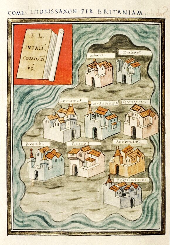 #RomanFortThursday
The nine British Saxon Shore forts in the Notitia Dignitatum. Bodleian Library, Oxford.
#History #Archaeology #art