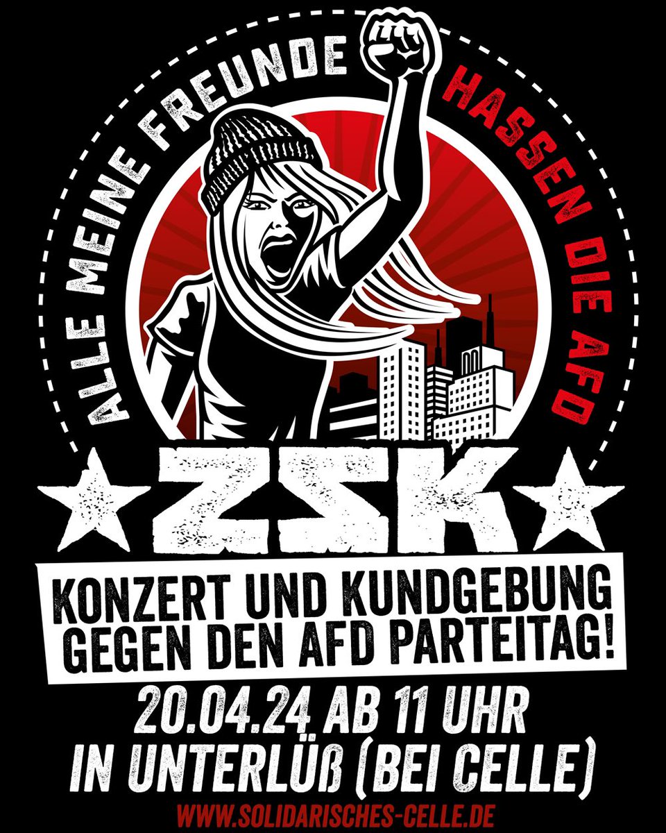 ZSKberlin's tweet photo. 1. Wir hassen die Arschkröten der AfD.
2. Wir lieben es, wenn Menschen Protestaktionen gegen dieses Rassistenpack organisieren.
Also spielen wir spontan am 20. April in Unterlüß, um die Proteste gegen den AfD Parteitag zu unterstützen.
Bitte teilt das Posting, Danke!
#fckafd https://t.co/1EXLVC0U5E