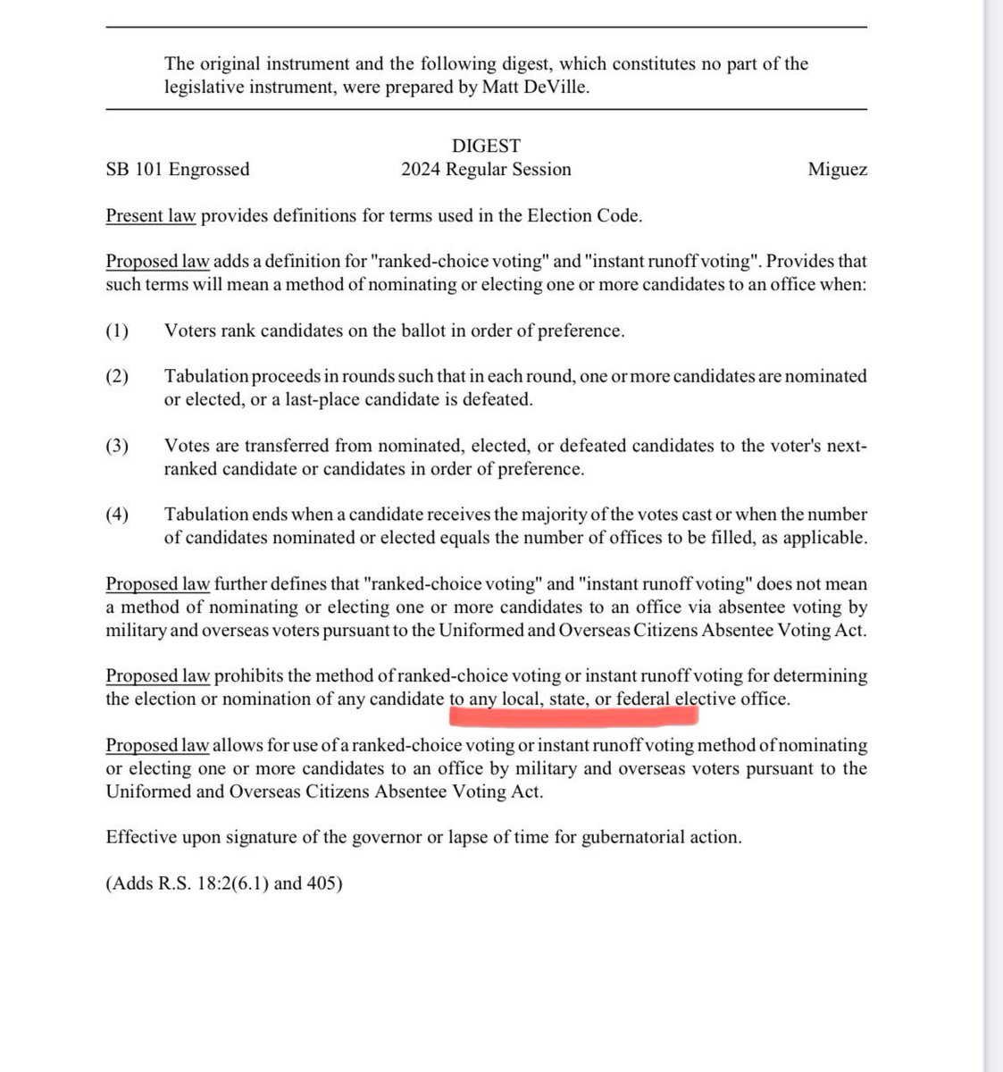 Joe3Marino's tweet photo. #SB101 eliminates something we haven’t even tried - Rank Choice voting. This bill applies to all elections including local. We shouldn’t be banning this . @lalege @LouisianaHouse @senate #lalege #lagov https://t.co/D9IjdVyzKM