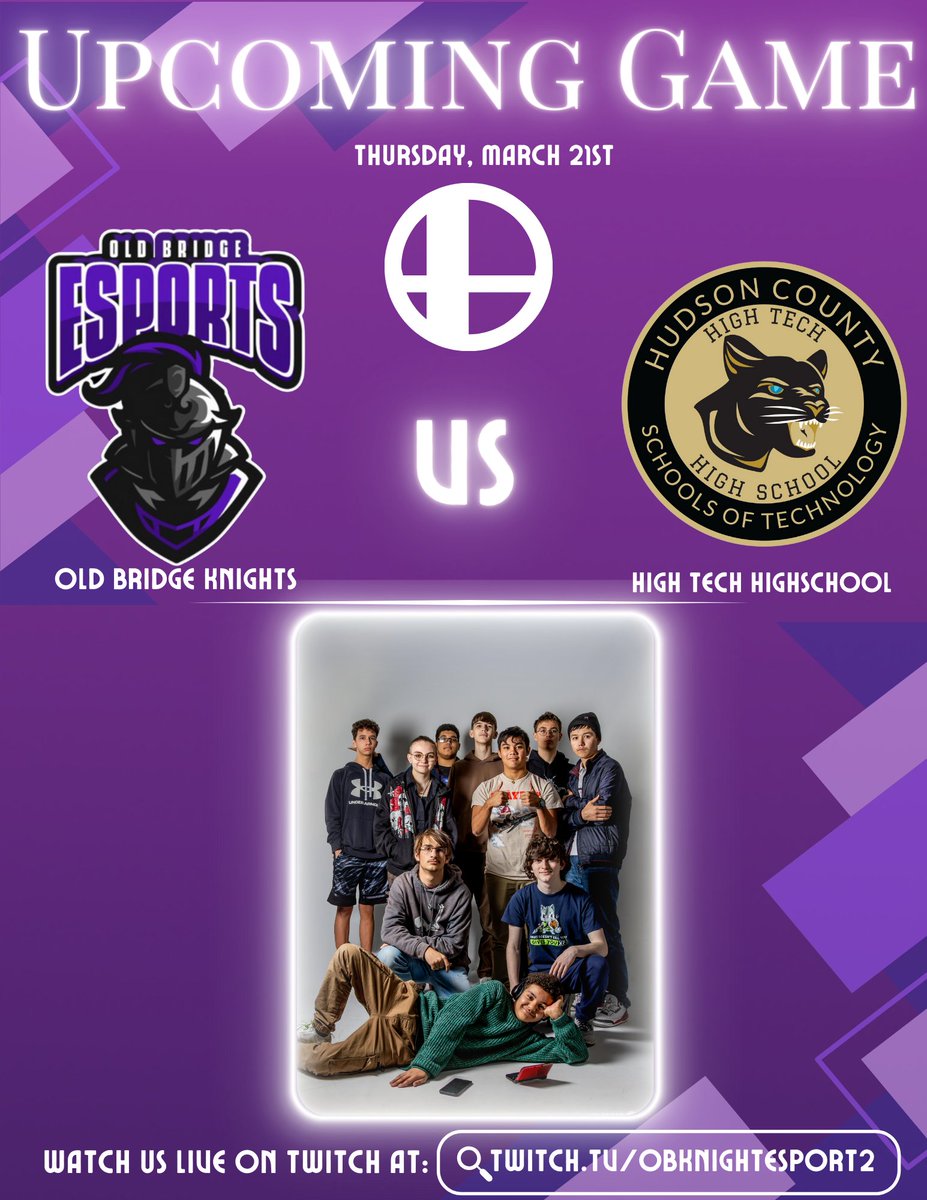 Make sure to tune into the Smash Bros game , with Old Bridge Knights against High Tech Highschool today at 3:30 on twitch.tv/obknightsesport. Hope to see you there! 🎮 #Esports #Supersmashbros