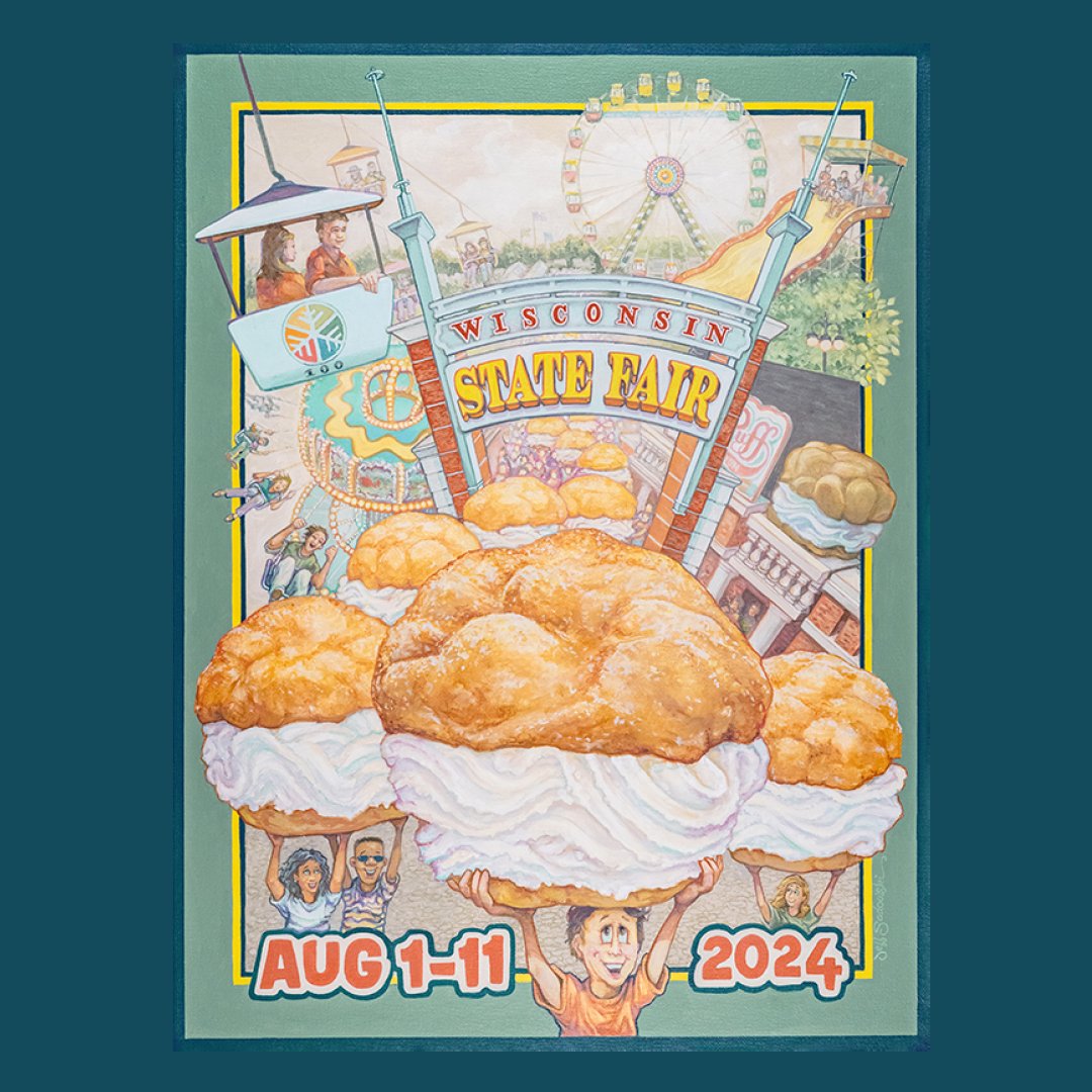 The 2024 Fairtastic Grand Champion artwork by Brookfield artist Jeff Sadowski truly is the cream of the crop! This imaginative and creative painting depicts Fairgoers celebrating the 100th anniversary of the Wisconsin State Fair Cream Puff.