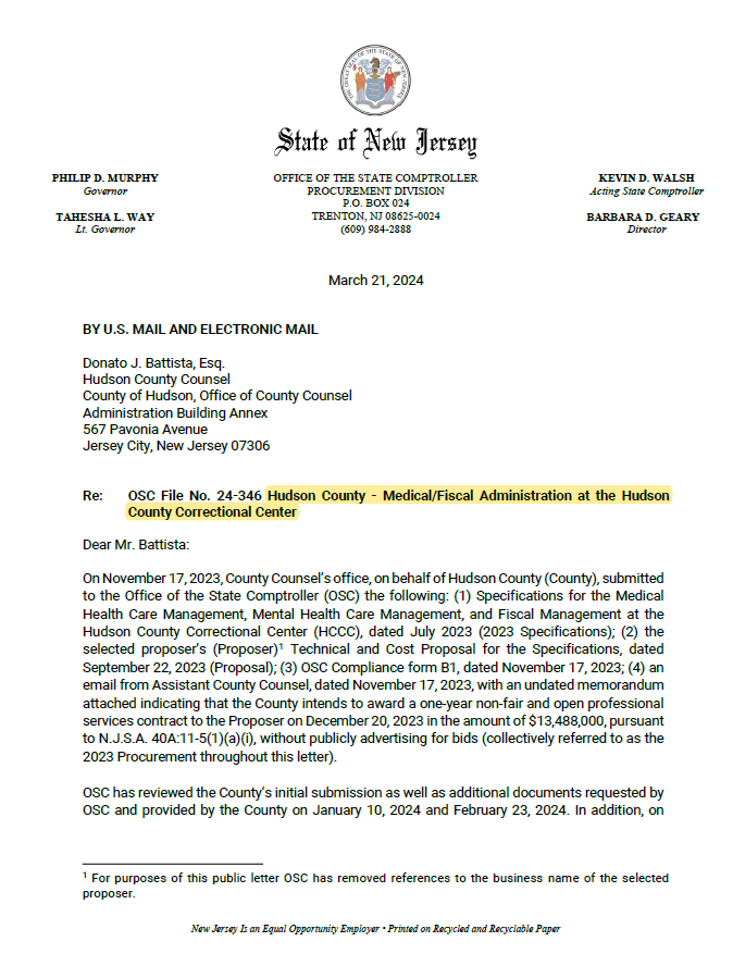 NEW: Today my office sent a letter to Hudson County, directing the County to halt a $13.5 million contract award. Our review found that the county used an improper process and circumvented transparency requirements. 1/2
