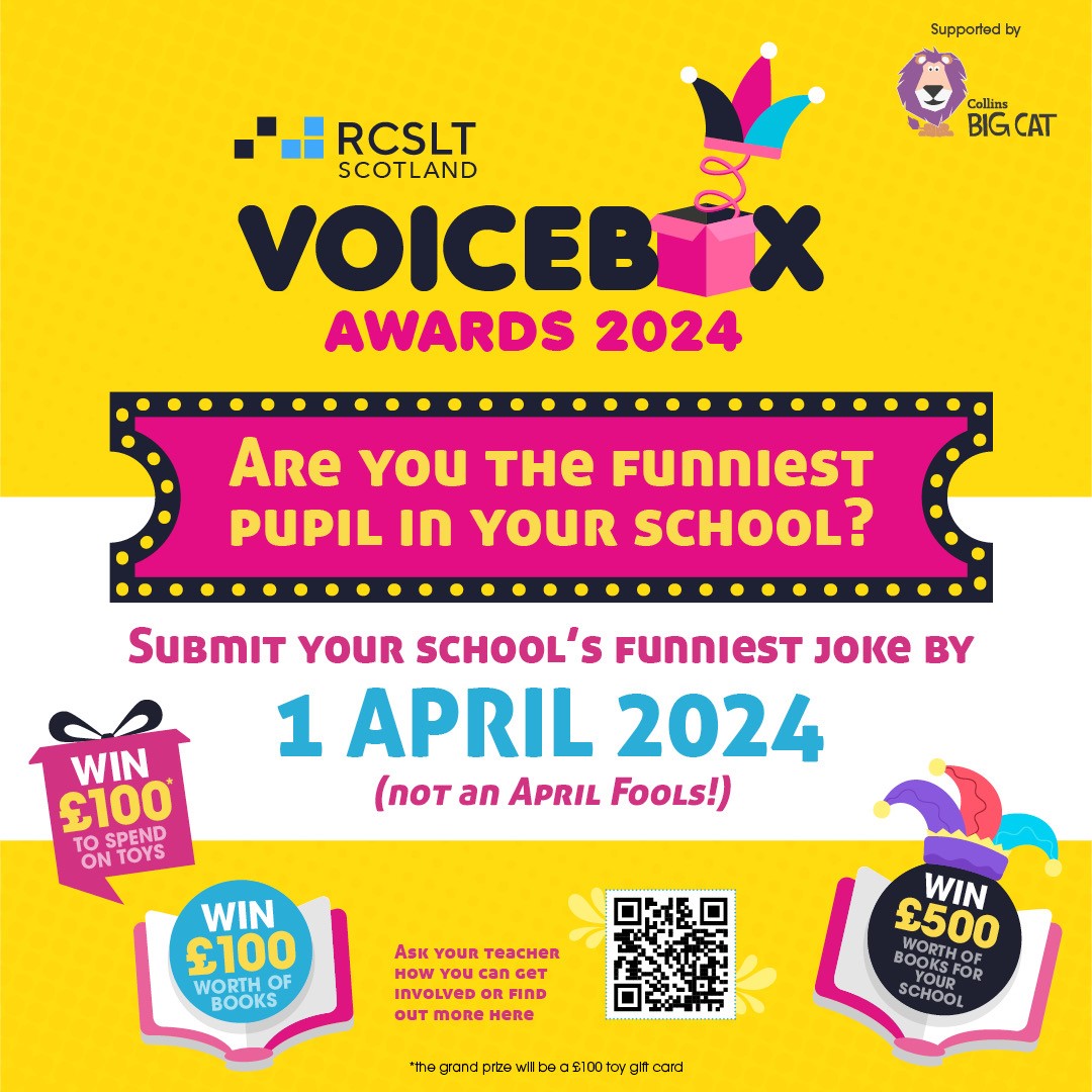 Don’t miss out on entering your primary school in this year’s #voicebox2024 joke competition! 🌟Entries close 1st April. Find out more here: rcslt.org/scotland/voice… @RCSLT
