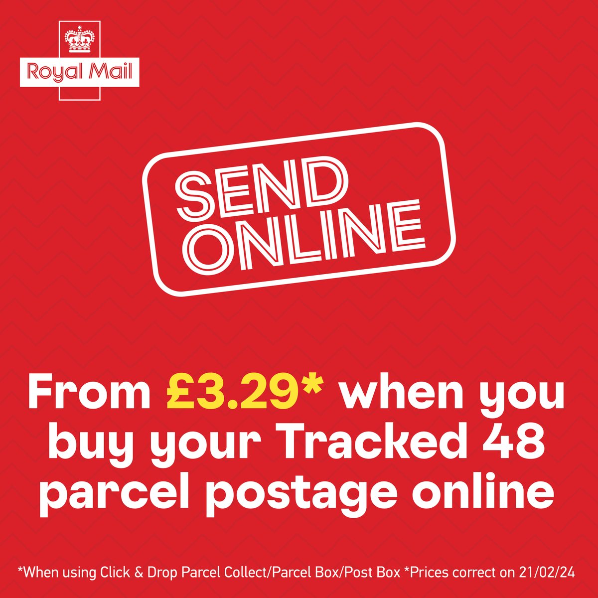 Buy your parcel postage online and save* Buy postage online and we’ll come and collect for FREE** at: ms.spr.ly/6011coo3b * vs over-the-counter, excluding International Economy. ** Offer ends 30/04/24