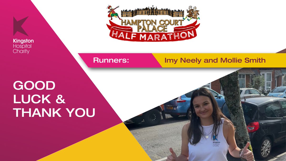 A HUGE good luck and thank you 2 amazing @KingstonHospNHS team members, Imy Neely (pictured) and Mollie Smith, who are running the Hampton Court Palace Half Marathon on Sunday. #HamptonCourtHalfMarathon #KingstonuponThames #KingstonHospitalCharity