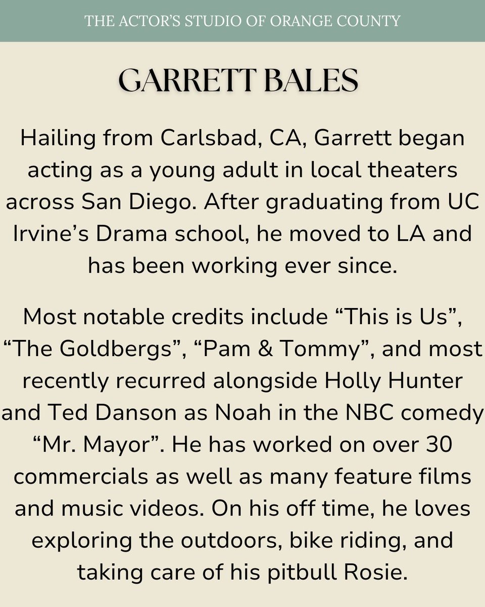 actorsstudiooc's tweet photo. 🌟Teacher Spotlight: Garrett Bales 🌟

Garrett teaches Audition Technique this upcoming Spring Semester!

Swipe left to read and learn more about him! 🤗

#acting #actor #actress #studio #actingclass #actorsofinstagram #actingcommunity #filmindustry #orangecounty https://t.co/JCUZDsCxfK