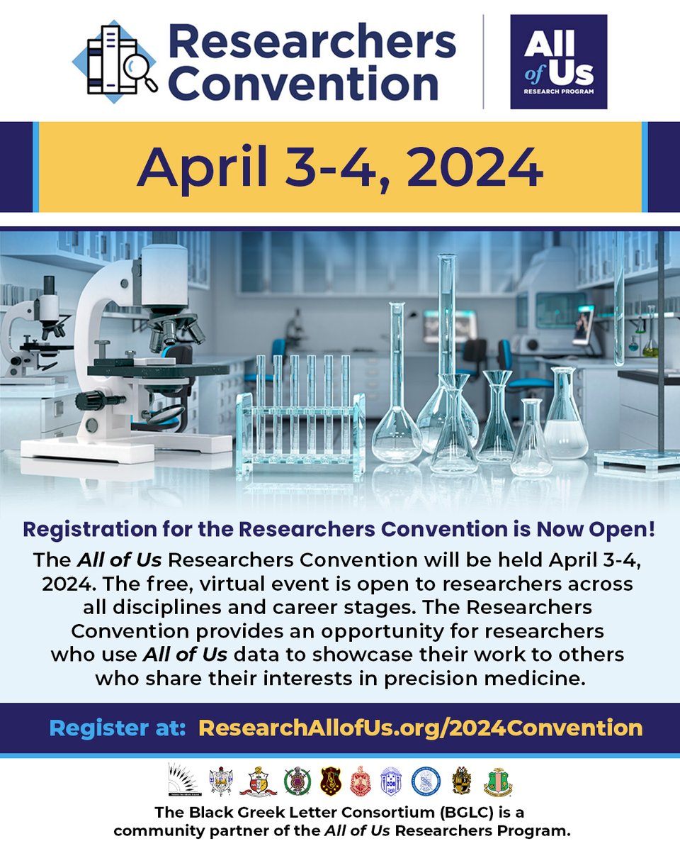 The @AllofUsResearch Convention is just around the corner! We hope to see you there on April 3 & 4 to learn about precision medicine research! Register for the free, virtual event: ResearchAllofUs.org/2024Convention #AllofUsRC2024 #bglc #nphc #joinallofus