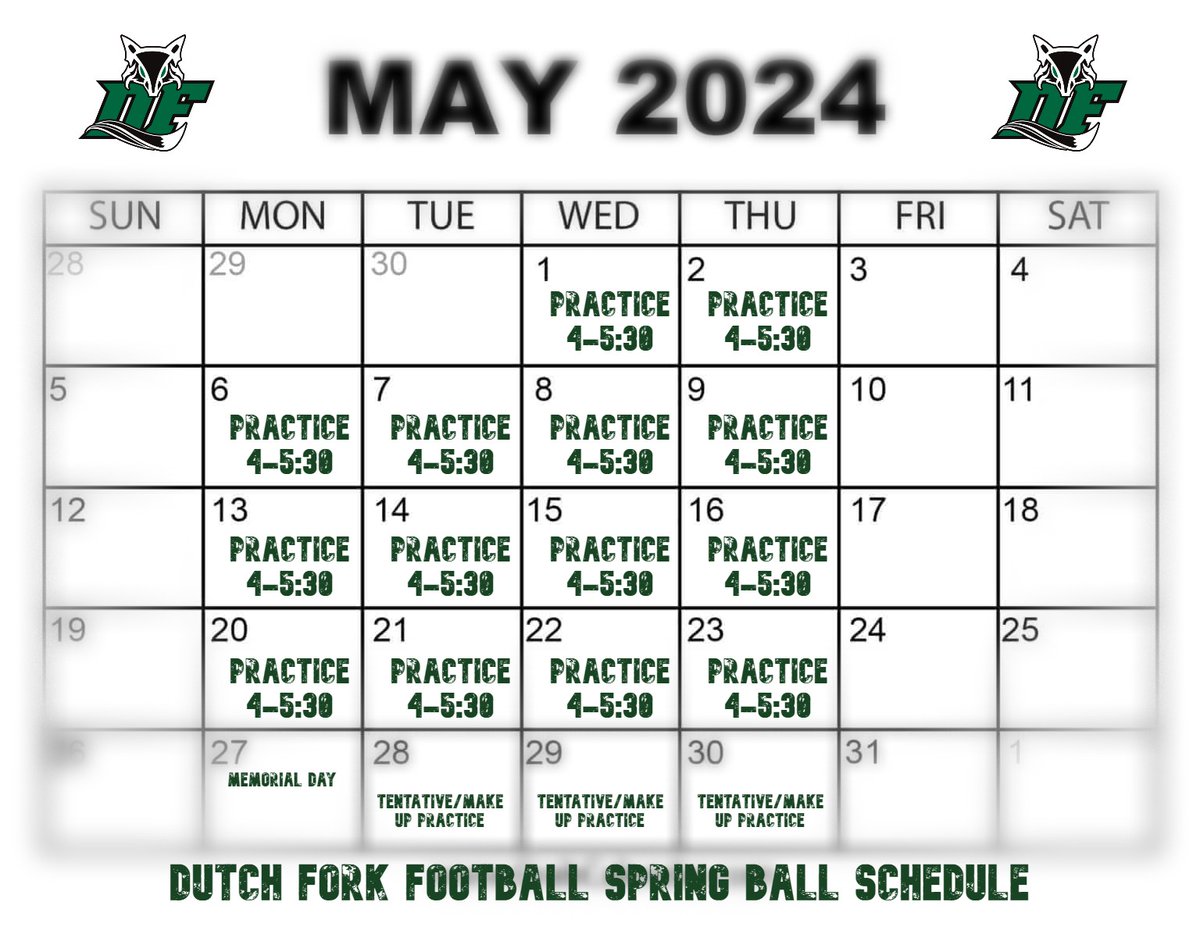 Spring Ball Schedule! Recruiters come by practice to check out the talent at DF! #3Peat #DLock #RecruitDutchFork @dfhsfootball