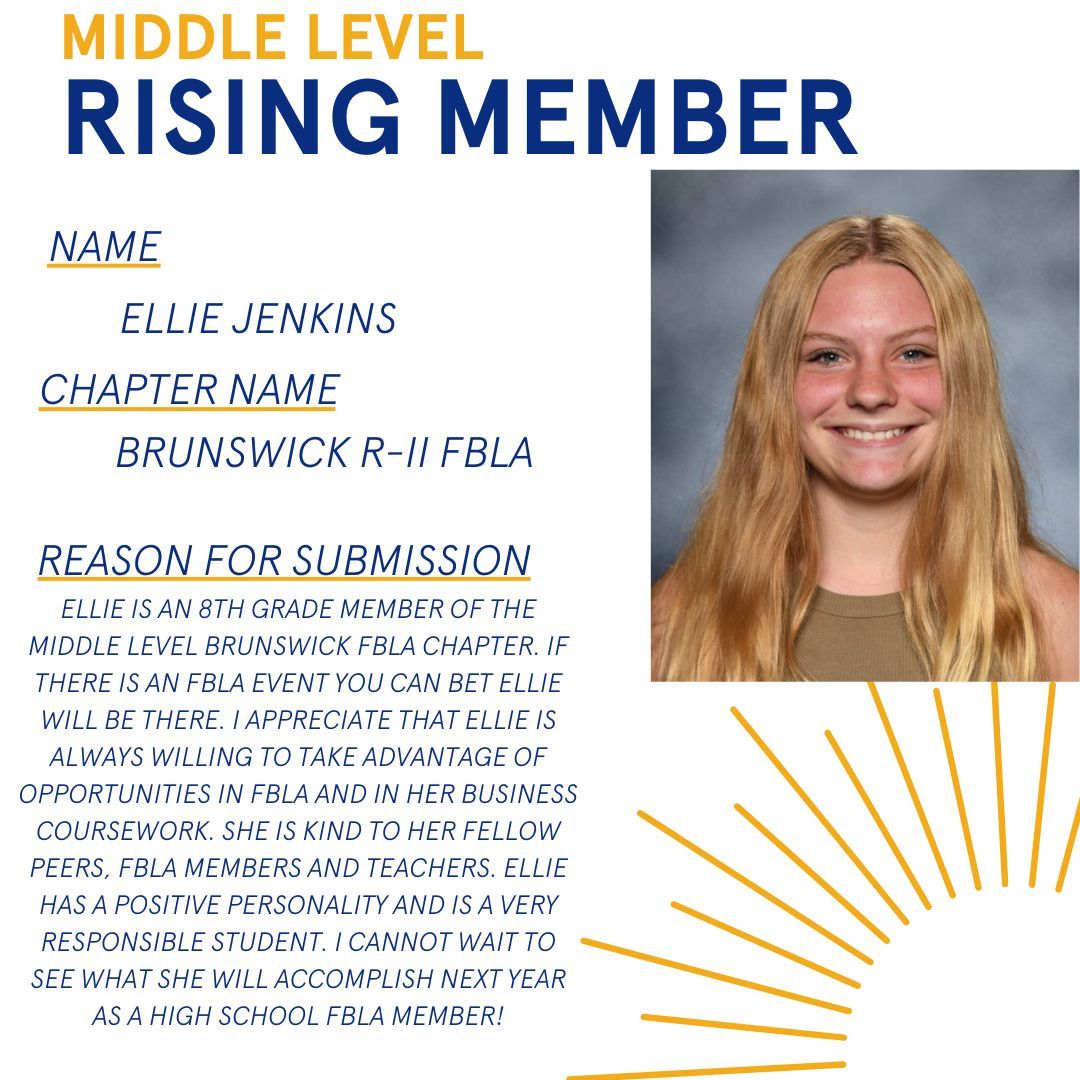 Congratulations to Ellie from Brunswick FBLA for being chosen as the Rising Member! Congratulations! 🎈🎊