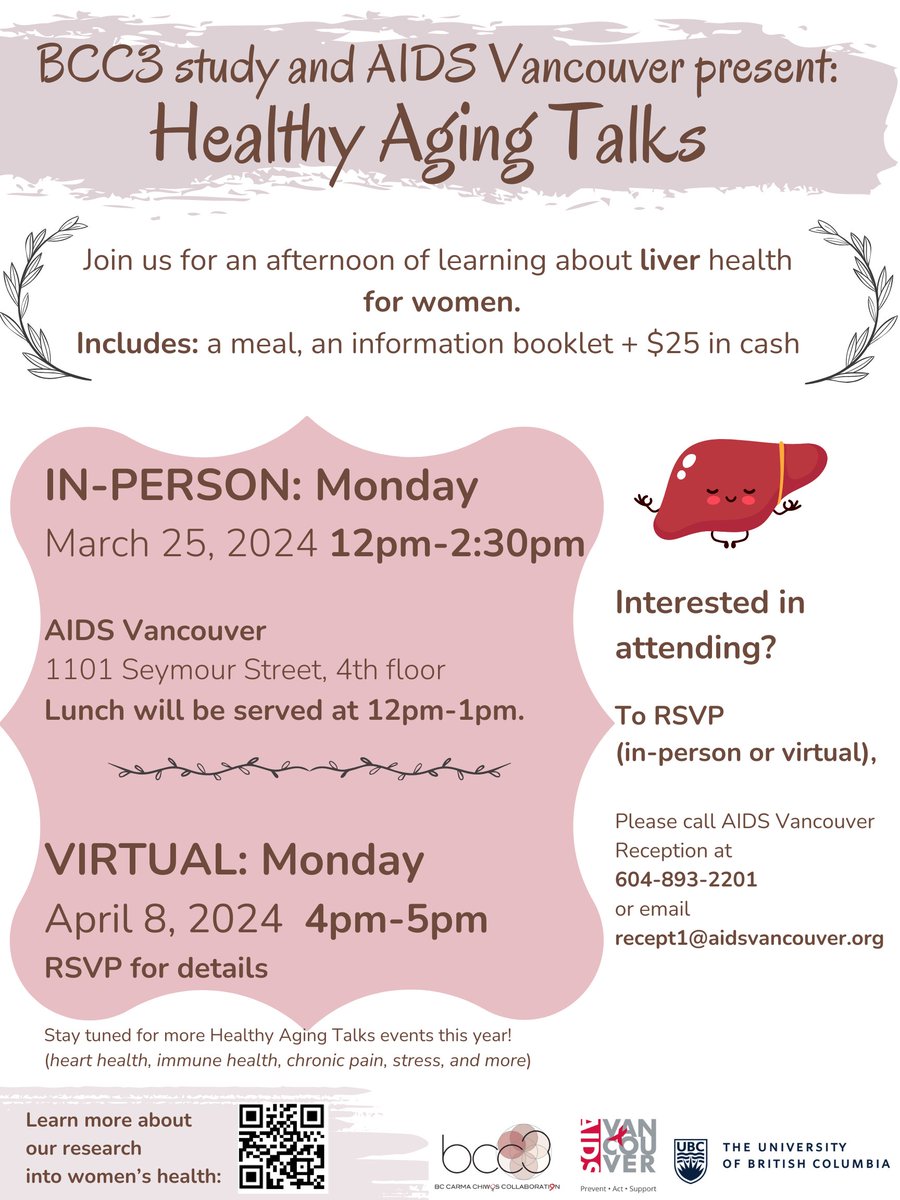 AIDS Vancouver and @HIV_HEAR_me present: Healthy Aging Talks - Liver Health. Trans and cis women are welcome to join us online on April 8 or in-person event (March 25). To RSVP, please call reception at 604-893-2201 or email recept1@aidsvancouver.org. ow.ly/EiYF50QWi7w