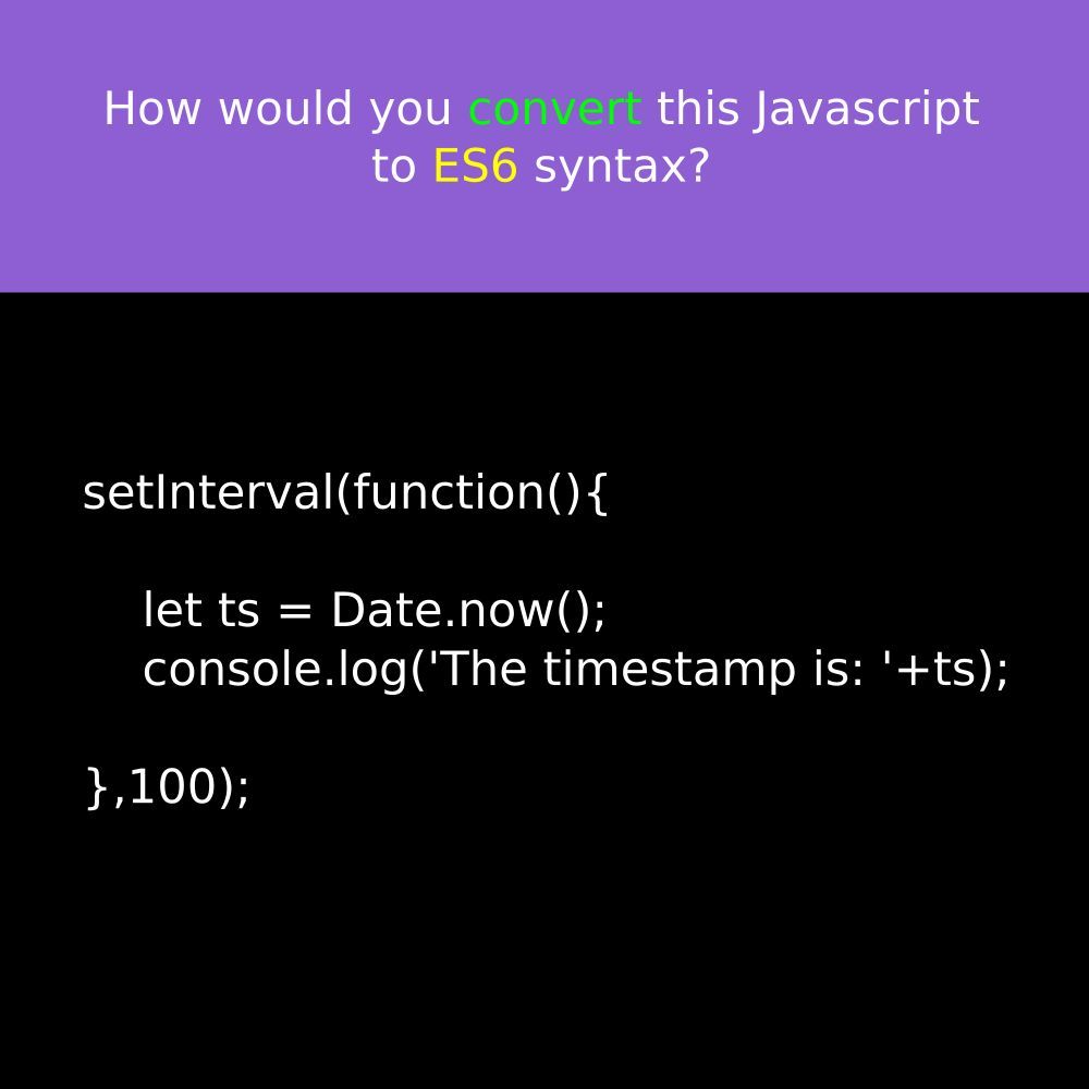 WeArePirple's tweet photo. How would you convert this Javascript to ES6 syntax?

#javascript #js #es9 #es8 #es7 #es6 #es5 #ecmascript #angular #reactjs #vuejs #coding #softwaredevelopment #code #learnToCode #programming #html5 #codingtutorial #python #java #node #github #javascriptengineer #npm https://t.co/swp5Der5sY