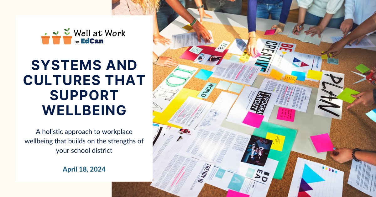 When staff experience wellbeing, they can do their best work, and create positive school environments for students. Design solutions to support your school district's workplace wellbeing in the upcoming #WellatWork mini-workshop: ow.ly/a7cV50QX6zC *Free for EdCan members