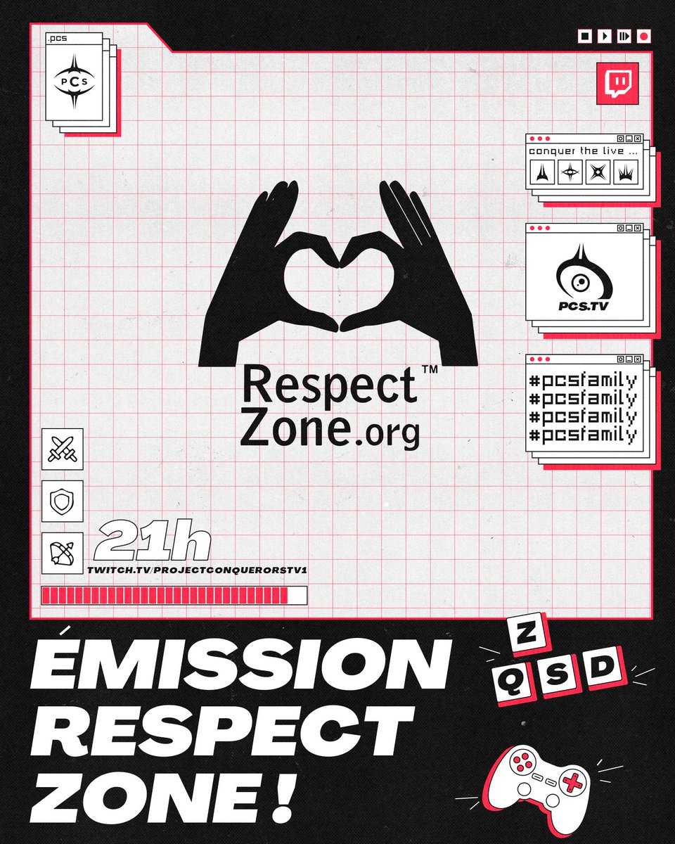 🔴| ÉMISSION RESPECT ZONE |⚫️

Notre émission avec <a href="/respectzone_org/">Respect Zone</a> est en direct sur la #PCSTV pour une heure d'émission podcast sur le cyberharcèlement ! 

L'émission est en direct ici👇
twitch.tv/projectconquer…

❤️🖤
