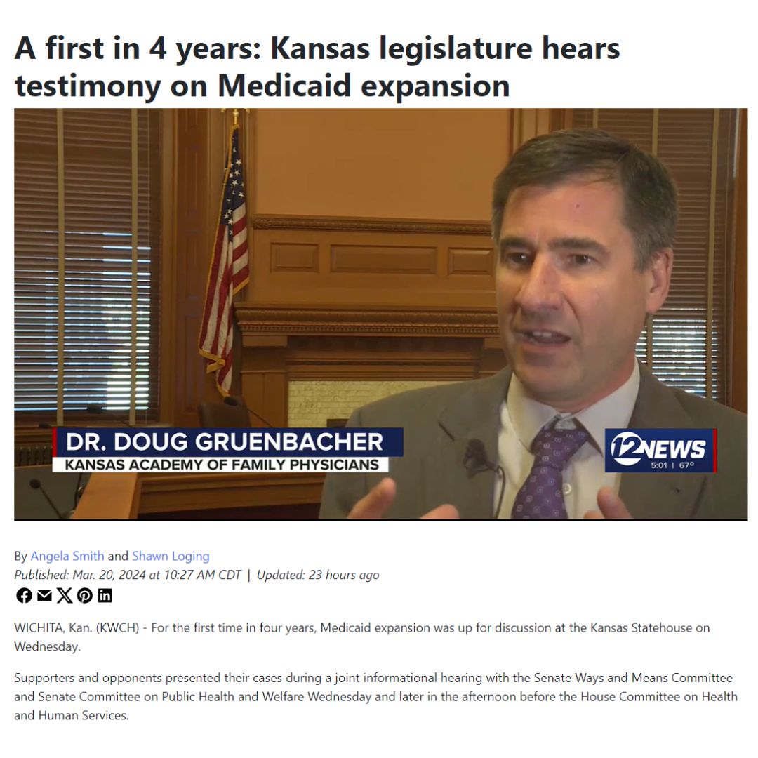 Doug Gruenbacher, MD, represented KAFP yesterday, during a hearing for Gov. Kelly's Medicaid expansion plan. KAFP supports Medicaid expansion efforts and thanks Dr. Gruenbacher for speaking up to support greater coverage for all Kansans! 

kwch.com/2024/03/20/fir…