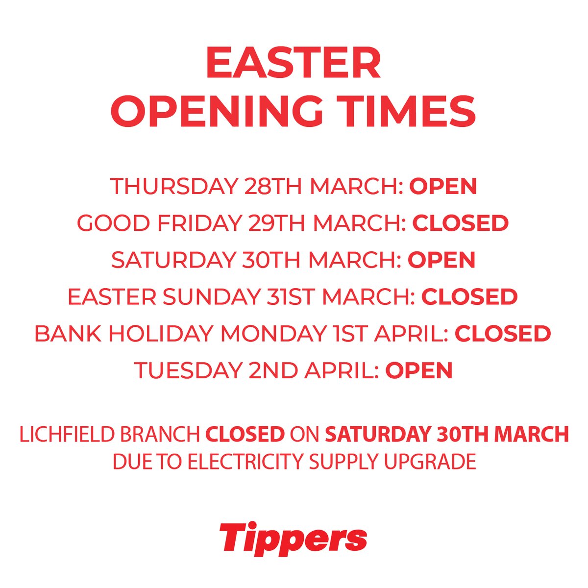 Easter Opening Times 🐰 There's not long to go until the Easter Bank Holiday weekend! Check out our opening times here! Please note, our Lichfield branch will be closed on Saturday 30th March due to an electricity supply upgrade. All other branches will be open on this day.