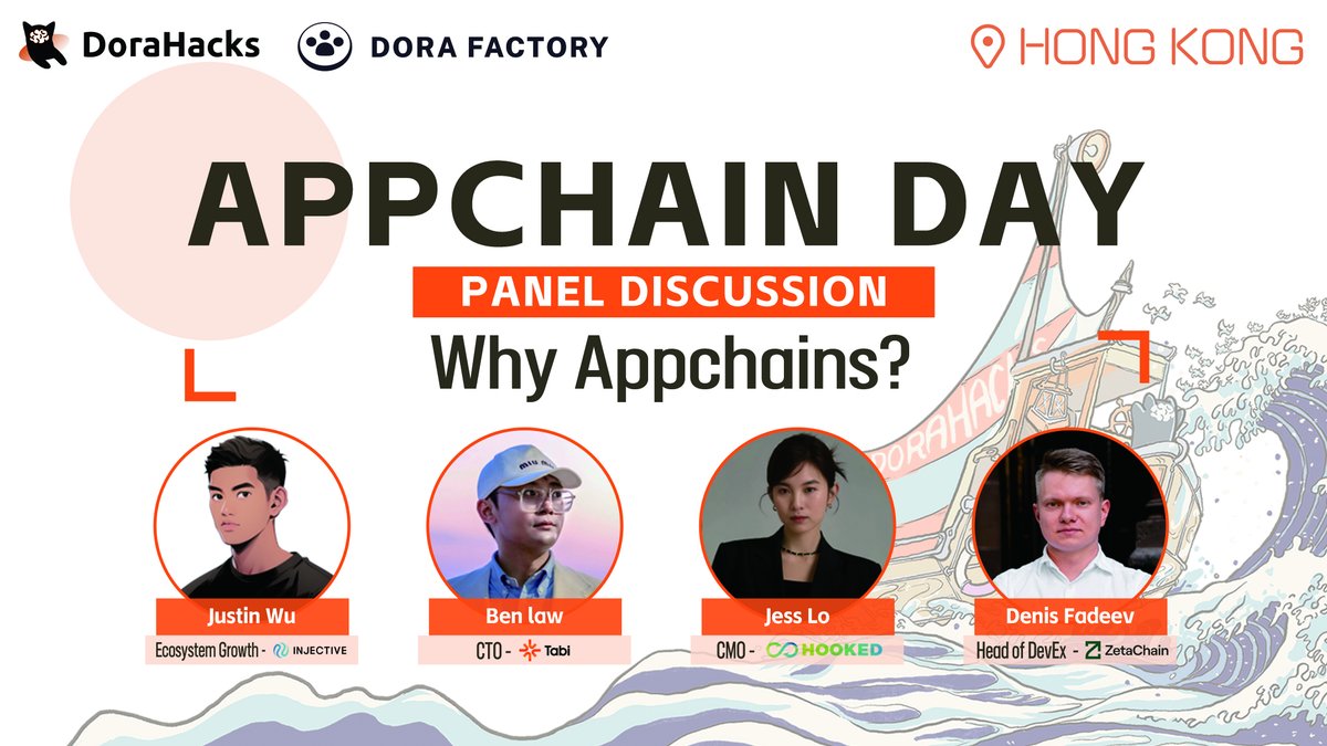 PANEL ANNOUNCEMENT 📢 Topic: 'Why Appchains?' Dive in with @justinwujwu Ecosystem Growth at @injective, @BenWAGMI CTO at @Tabichain, @jess_hooked CMO of @HookedProtocol, and @fadeev Head of DevEX at @zetablockchain 🚀 🎟️Free to Register: lu.ma/appchaindayhk #AppchainDayHK