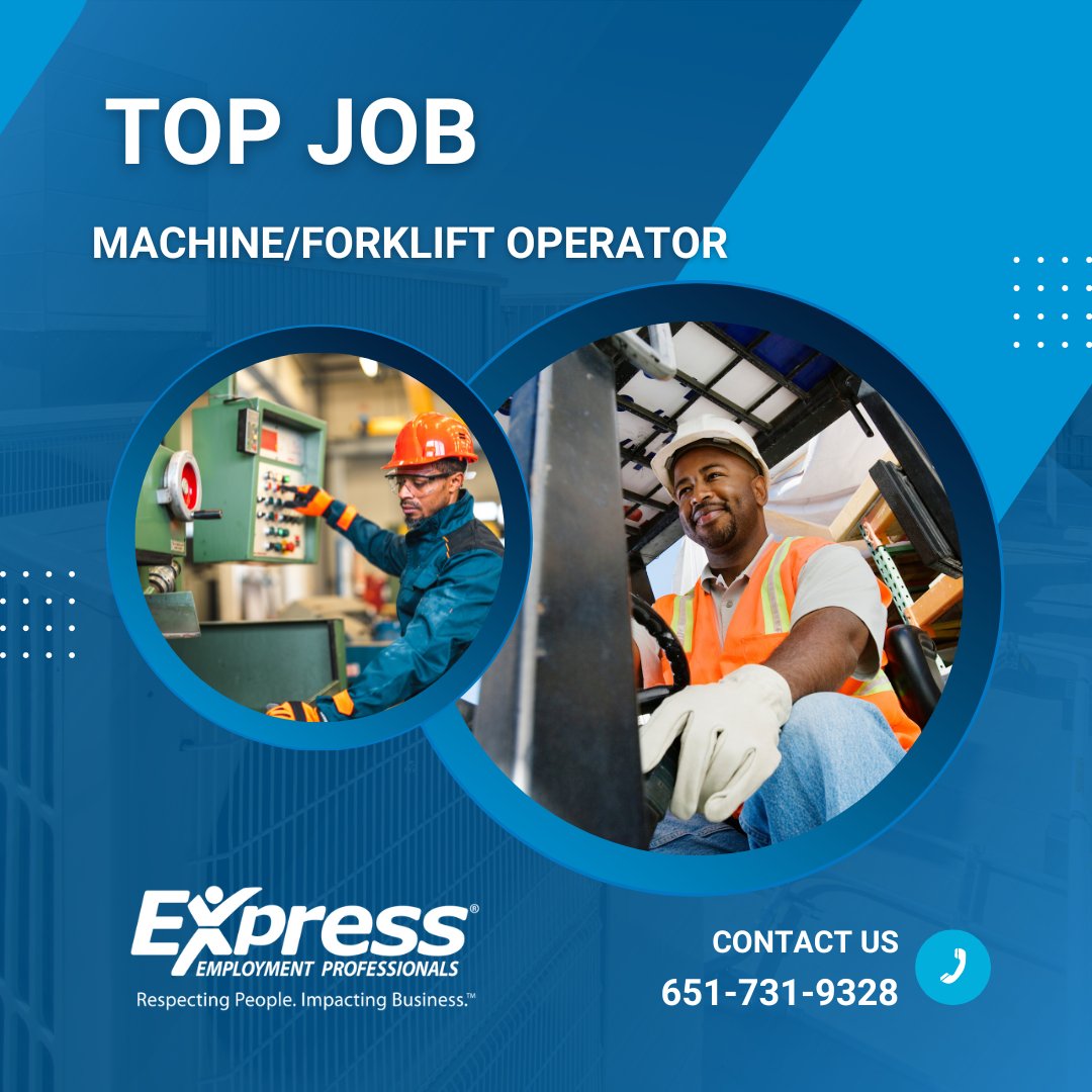 Maintain machinery and operate equipment as a Machine/Forklift Operator! Pay: $18-22/h. Days. Apply now: jobs.expresspros.com/job/14246505 #WhiteBearLakeMN #WoodBuryMN