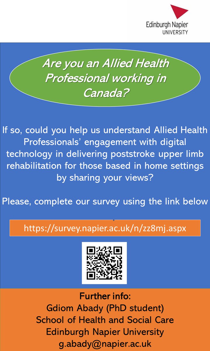 Calling all #AHP #OccupationalTherapist #Physiotherapists in Canada. 

Your genuine view about #DigitalHealth for #StrokeRehab at survey.napier.ac.uk/n/zz8mj.aspx would be a great input to shape the future in stroke rehabilitation. <a href="/AlisonA13414330/">Prof Alison Porter-Armstrong</a> <a href="/traboccant/">David</a>
Thank you in advance