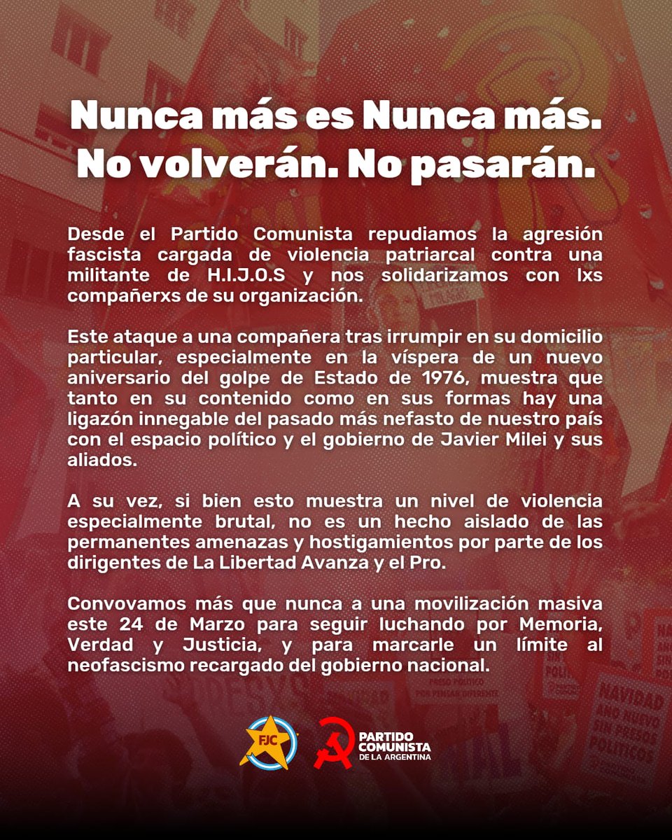 #NuncaMás 
Repudio absoluto a la agresión fascista contra una militante de <a href="/HIJOSRosario/">H.I.J.O.S. Rosario</a> 
Este 24 de marzo en las calles!
#NoPasarán