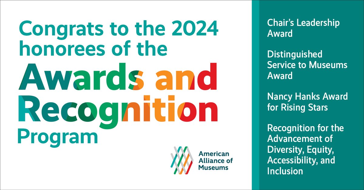 Congratulations to all the 2024 honorees—we are thrilled to recognize 13 individuals & 10 institutions for exemplary work in the museum field! 🏆 bit.ly/2024-Award-Rec… We look forward to recognizing these outstanding honorees at the 2024 AAM Annual Meeting & MuseumExpo!