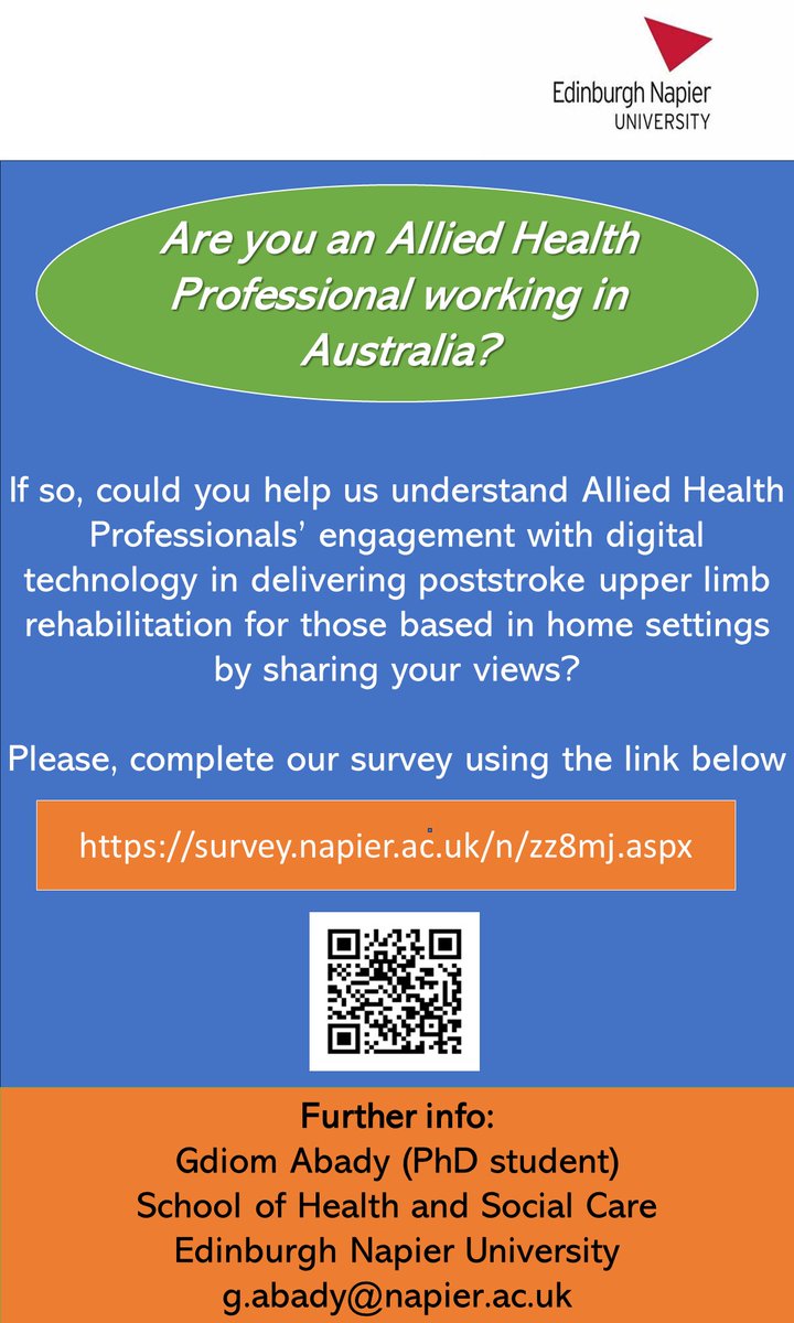 Calling all #AHP #OccupationalTherapist #Physiotherapists in Australia. 

Your genuine view about #DigitalHealth for #StrokeRehab at survey.napier.ac.uk/n/zz8mj.aspx would be a great input to shape the future in stroke rehabilitation. <a href="/AlisonA13414330/">Prof Alison Porter-Armstrong</a> <a href="/geo_fish93/">Dr Georgia Fisher</a>
Thank you in advance