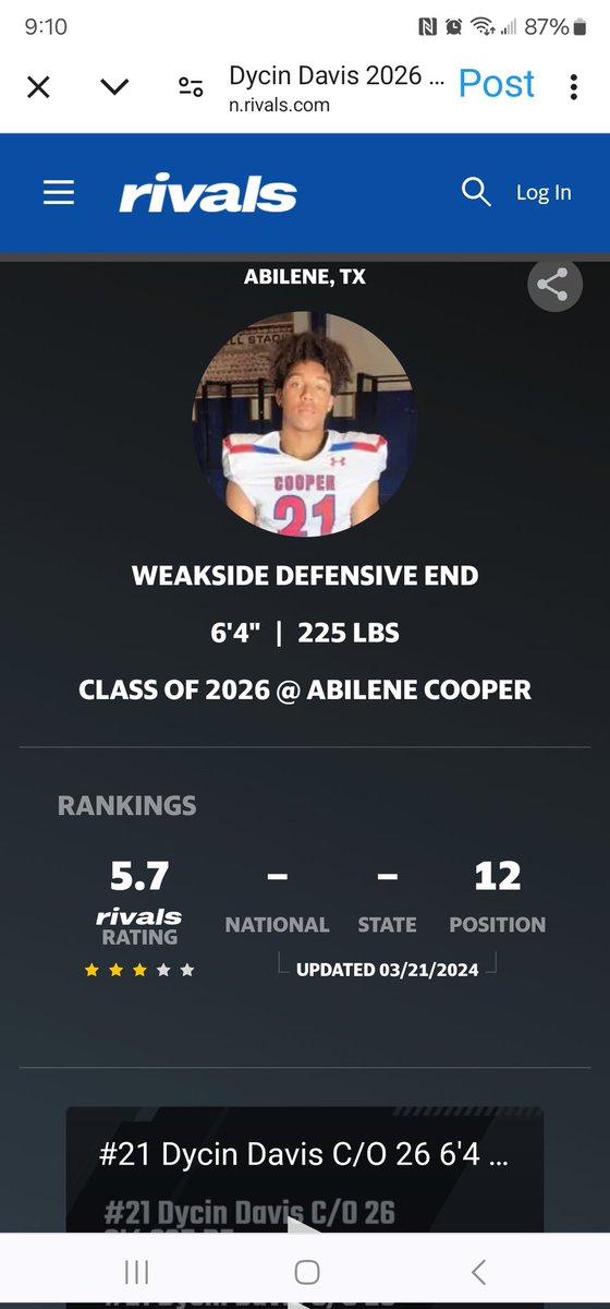 Thank you @Rivals for the Ranking!! @Coach_Hadnot @CoachARoan @Coopercoogs1 @youareathlete @AbileneISDAthl1 @BCHsports @SDSports