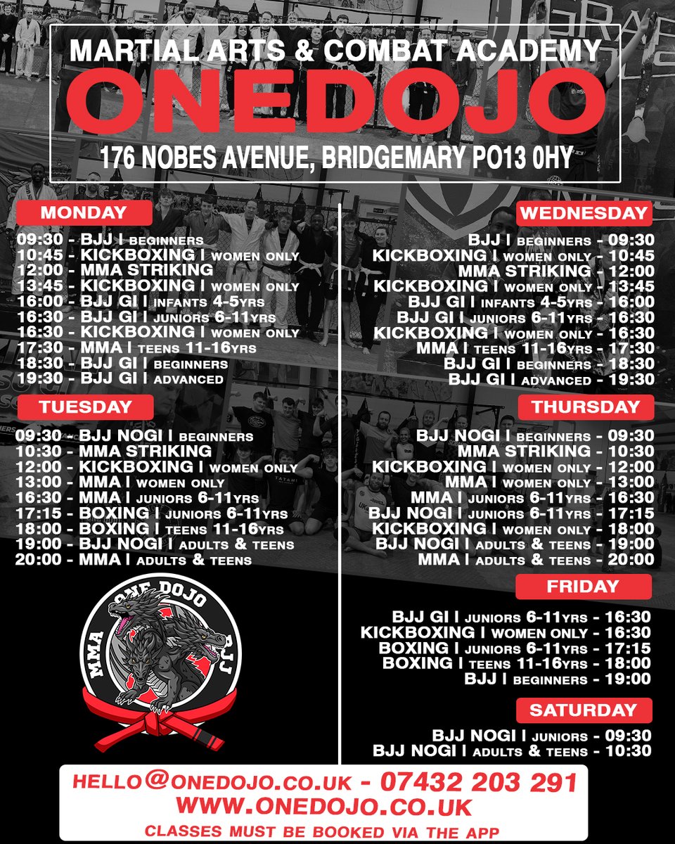 praetorianmmauk's tweet image. New Timetable for our Gosport Club! New members welcome. Make sure to book via the app. Click the link to get involved.

bit.ly/4apyqnE

#OneDojo #OneDojoGosport #BJJ #MMA #Boxing #WomenOnlyClasses #AllAges
